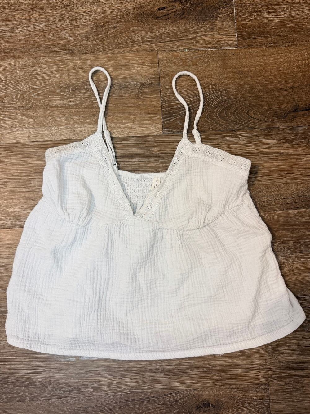 Laura Ashley White Cotton Gauze Eyelet Trim Smocked Cami Top